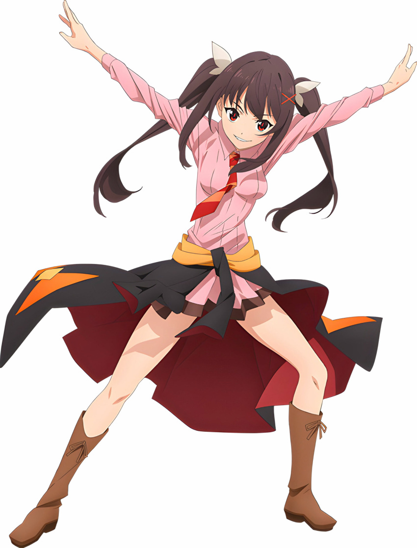 1girl, absurdres, artist_request, black_cloak, black_hair, boots, breasts, brown_footwear, cloak, clothes_around_waist, diagonal-striped_necktie, dress, floating_clothes, floating_necktie, full_body, funifura, hair_ornament, hair_ribbon, hands_up, highres, knee_boots, kono_subarashii_sekai_ni_bakuen_wo!, kono_subarashii_sekai_ni_shukufuku_wo!, leaning_to_the_side, long_hair, looking_at_viewer, medium_breasts, necktie, official_art, orange_necktie, outstretched_arms, parted_lips, pink_dress, promotional_art, red_cloak, red_eyes, red_necktie, red_pupils, red_ribbon, ribbon, school_uniform, short_dress, sidelocks, simple_background, smile, solo, spread_legs, tachi-e, third-party_source, twintails, two-sided_fabric, two-tone_cloak, v-shaped_eyebrows, very_long_hair, white_background, white_ribbon, x_hair_ornament