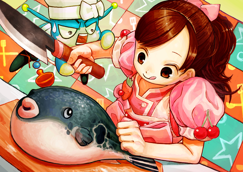 carrot, cherry, child, cooking_idol_ai!_mai!_main!, cutting_board, fish, food, fruit