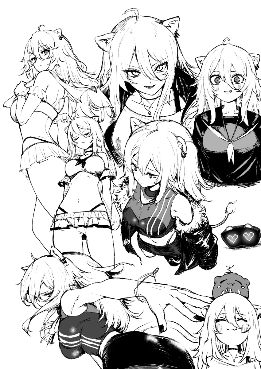 1girl, ahoge, alternate_costume, animal_ears, bikini, bikini_skirt, black_serafuku, ear_piercing