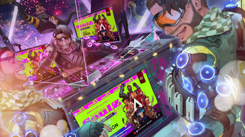 3boys, absurdres, apex_legends, bloodhound_(apex_legends), bossan_3310, brown_hair, checkered_clothes, checkered_scarf, clone, dj, euriece, facial_hair, fireworks, glowing, goatee, goggles, goggles_on_head, green_scarf, highres, hologram, lens_flare, lifeline_(apex_legends), loba_(apex_legends), male_focus, mirage_(apex_legends), monitor, multiple_boys, night, night_sky, open_mouth, parted_lips, pathfinder_(apex_legends), real_life, revenant_(apex_legends), scarf, scarz, screen, sky, smile, stuffed_toy, turntable, wraith_(apex_legends)