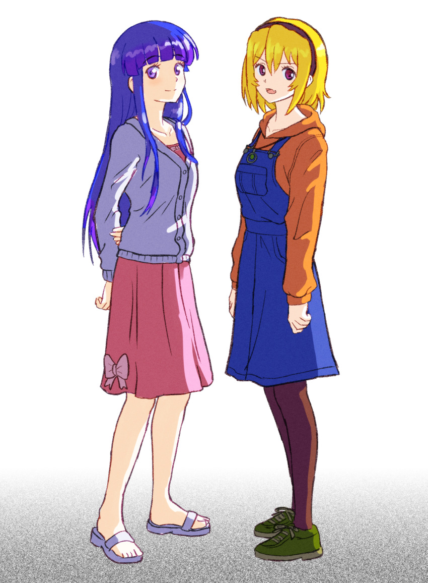 2girls, absurdres, aged_up, arms_behind_back, blonde_hair, blue_dress, blue_hair, blunt_bangs, bow, brown_pantyhose, cardigan, closed_mouth, collarbone, denim, denim_dress, dress, dress_bow, facing_another, fang, full_body, furude_rika, green_footwear, grey_cardigan, hair_between_eyes, hairband, hand_on_own_arm, highres, higurashi_no_naku_koro_ni, hood, hood_down, hoodie, houjou_satoko, jewelry, long_hair, long_sleeves, looking_at_viewer, multiple_girls, necklace, open_mouth, orange_hoodie, pantyhose, pink_bow, pink_dress, pink_eyes, purple_hairband, sandals, shoelaces, shoes, short_hair, sidelocks, skin_fang, smile, sneakers, split_mouth, standing, violet_eyes, white_footwear, zawabug