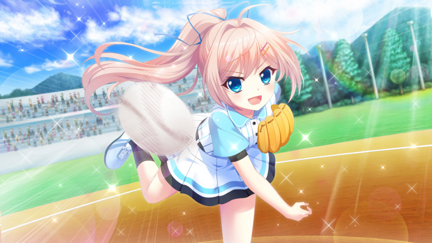 1girl, ahoge, baseball, baseball_(object), baseball_jersey, baseball_mitt, black_socks, bleachers