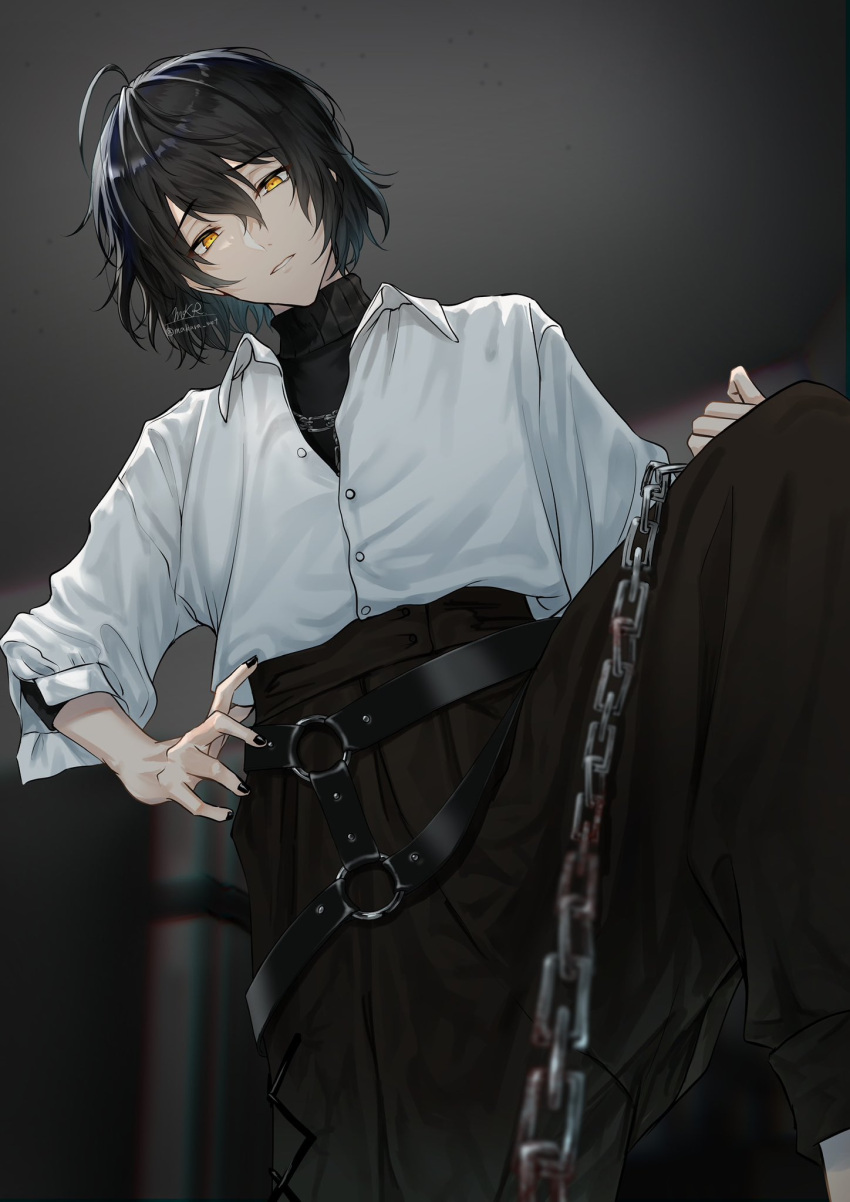 1boy, bdsm, belt, bishounen, black_hair, black_nails, chain, chain_leash, chain_pull, cowboy_shot, highres, indoors, leash, looking_at_viewer, looking_down, makura_wet, male_focus, orange_eyes, original, shirt, short_hair, solo, sweater, turtleneck, turtleneck_sweater, white_shirt