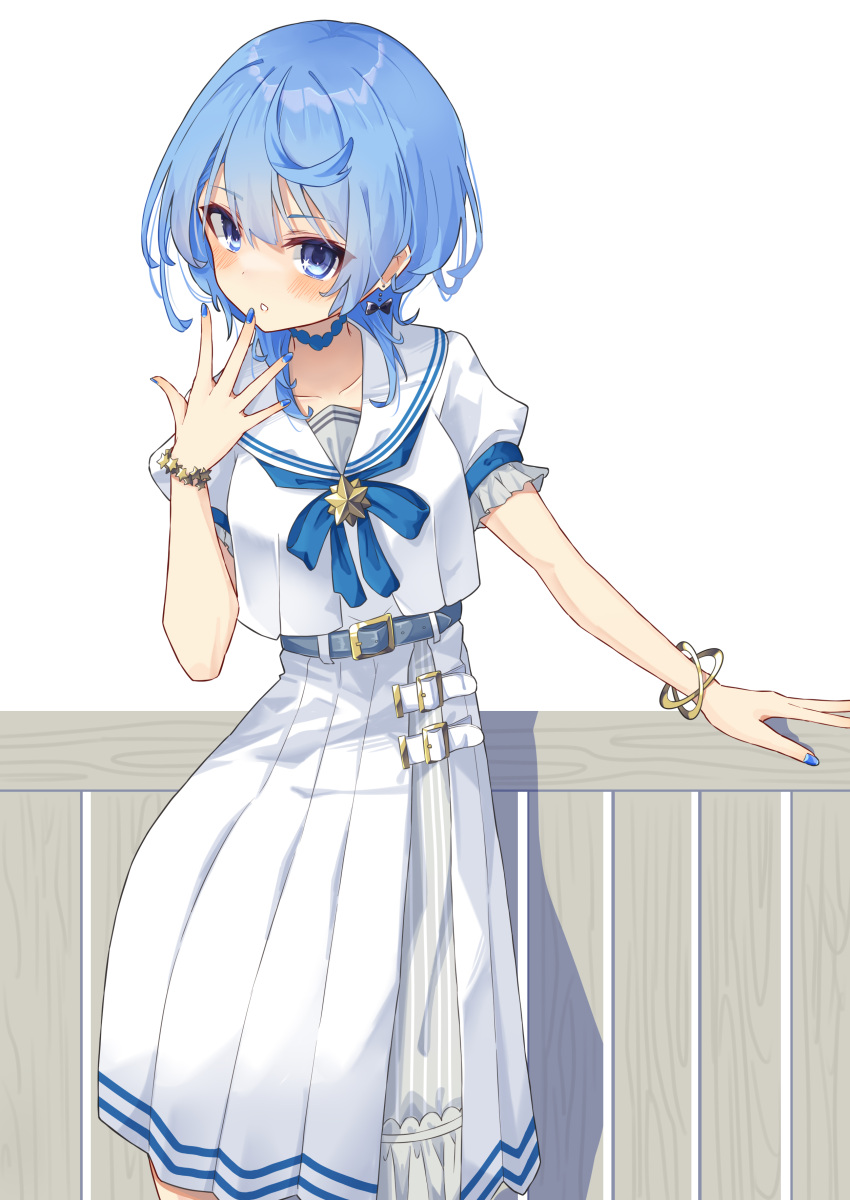 1girl, absurdres, belt, blue_bow, blue_bowtie, blue_eyes, blue_hair, blue_nails