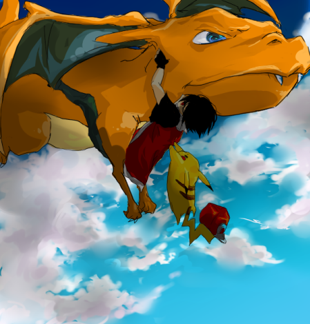 1boy, baseball_cap, charizard, flying, hat, hat_removed, headwear_removed, lowres