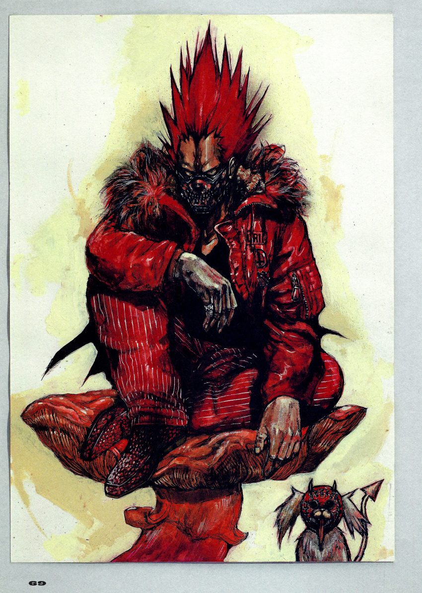 absurdres, black_undershirt, dorohedoro, en_(dorohedoro), evil_eyes, fur-trimmed_jacket, fur_trim, glaring