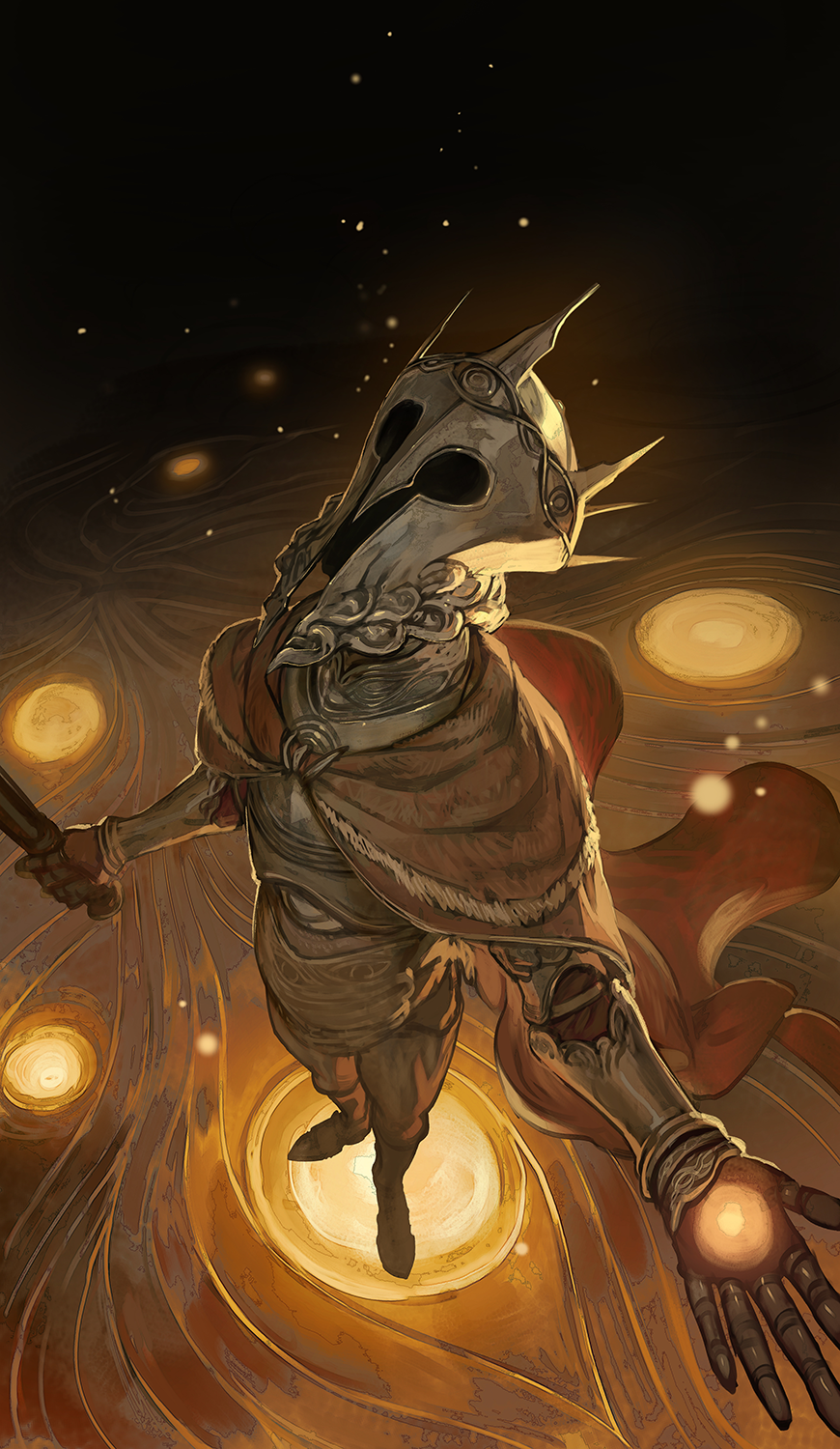 1boy, armor, brown_cape, cape, elden_ring, facing_up, from_above, gideon_ofnir