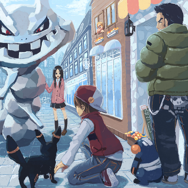 croagunk, itsutsu, jacket, pokemon, red_(pokemon), steelix, street, umbreon