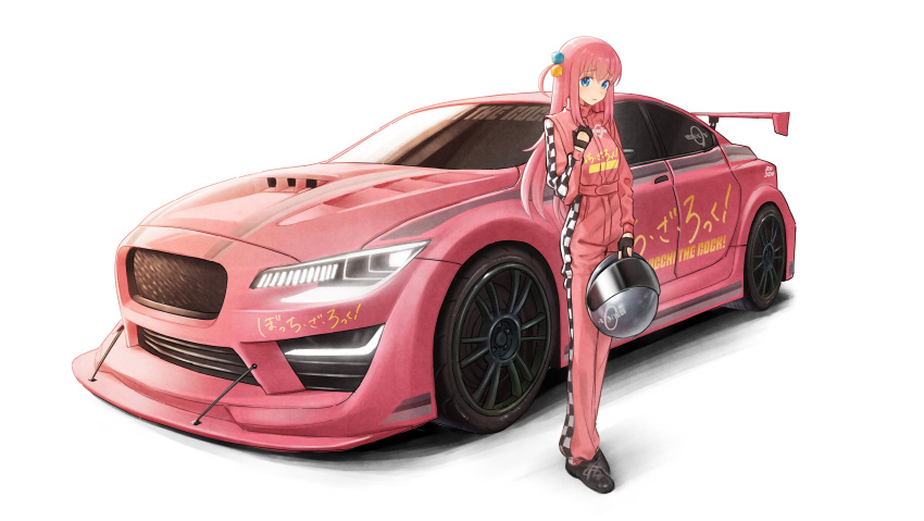 1girl, absurdres, black_footwear, blue_eyes, blush, bocchi_the_rock!, car, copyright_name