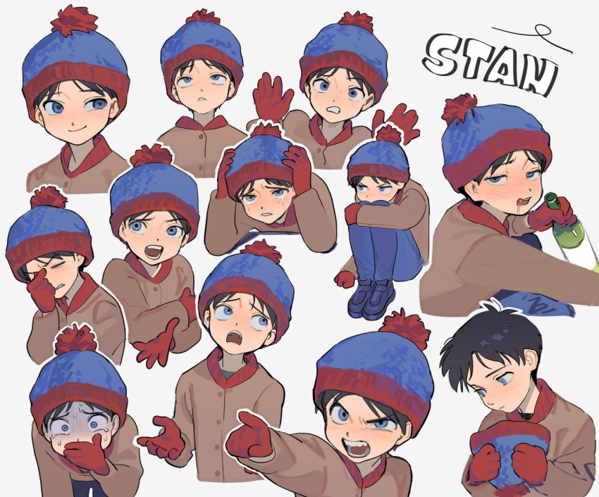 1boy, animification, beanie, black_hair, blue_headwear, bottle, brown_coat, brown_jacket