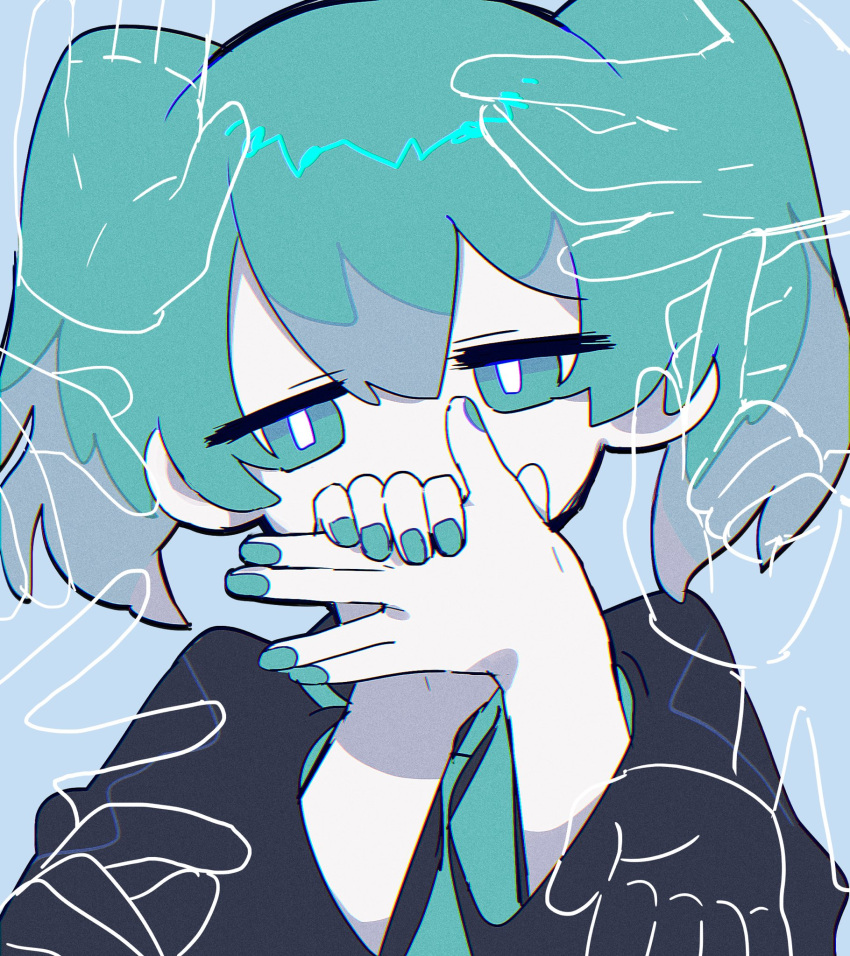 1girl, aqua_eyes, aqua_hair, aqua_nails, aqua_necktie, black_shirt, bright_pupils, colored_skin