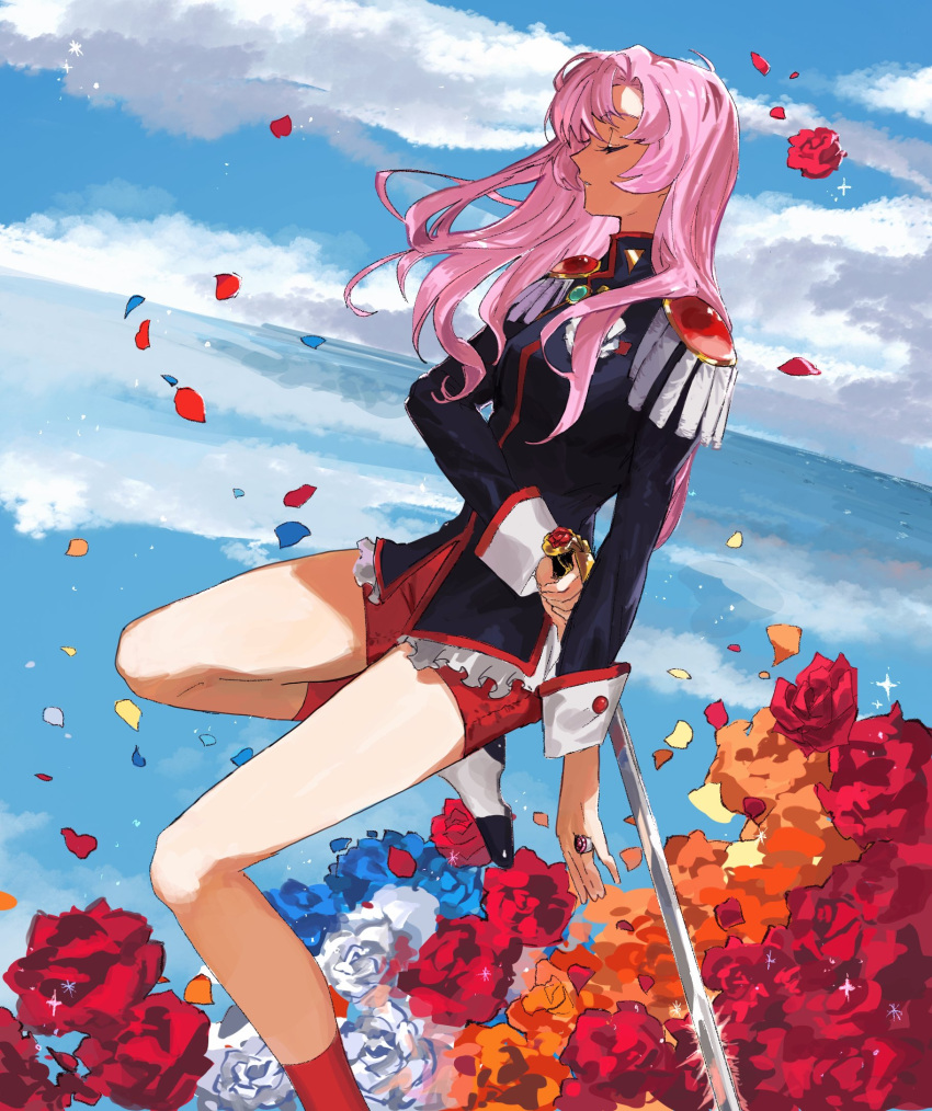 1girl, closed_eyes, clouds, cloudy_sky, epaulettes, flower, highres, long_hair