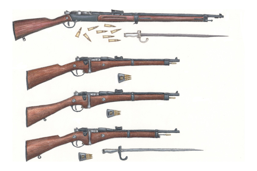 absurdres, ammunition, bayonet, berthier_rifle, bolt_action, clip_(weapon), colored_pencil_(medium), commentary