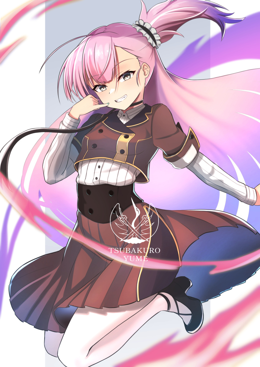 1girl, absurdres, black_choker, black_footwear, brown_jacket, brown_skirt, character_name, choker, finger_to_mouth, grey_eyes, high_heels, highres, jacket, layered_sleeves, logo, long_hair, long_sleeves, looking_at_viewer, midair, okaka_factory, one_side_up, pink_hair, pleated_skirt, shirt, side_ponytail, skirt, smile, teeth, toji_no_miko, tsubakuro_yume, white_shirt