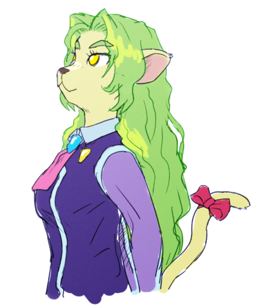 1girl, ascot, bow, closed_mouth, erma_(tenchi_muyou!_gxp), eyelashes, furry, furry_female, green_fur, hair_intakes, highres, light_green_hair, long_hair, looking_up, no_pupils, pink_ascot, pink_bow, simple_background, smile, solo, tail, tail_bow, tail_ornament, tenchi_muyou!, thick_eyebrows, wavy_hair, white_background, yellow_eyes, zawabug