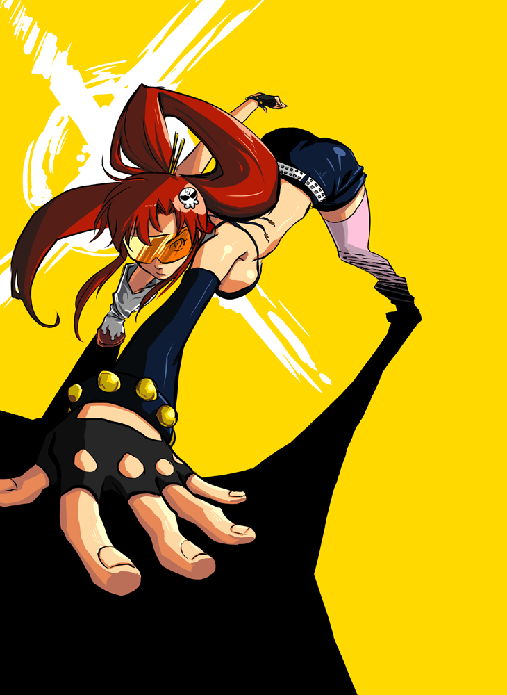 boots, foreshortening, gloves, hair_ornament, hot_pants, lolalol, long_hair, perspective, pink_thighhighs, ponytail, red_hair, redhead, short_shorts, shorts, solo, sunglasses, tengen_toppa_gurren_lagann, thigh-highs, thighhighs, yoko_littner