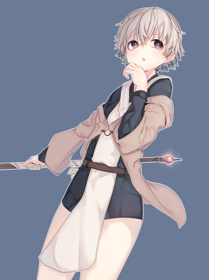 1girl, :o, absurdres, androgynous, belt, black_shirt, black_shorts, blue_background, blush, bright_pupils, brown_belt, brown_eyes, brown_jacket, commentary, dutch_angle, foeyp, from_below, grey_hair, hair_between_eyes, hand_on_own_chin, highres, holding, holding_staff, jacket, long_sleeves, looking_afar, looking_away, looking_to_the_side, off_shoulder, open_clothes, open_jacket, open_mouth, original, outline, pelvic_curtain, shirt, short_shorts, shorts, simple_background, solo, staff, symbol-only_commentary, tomboy, tomboy_(foeyp), white_outline, white_pupils