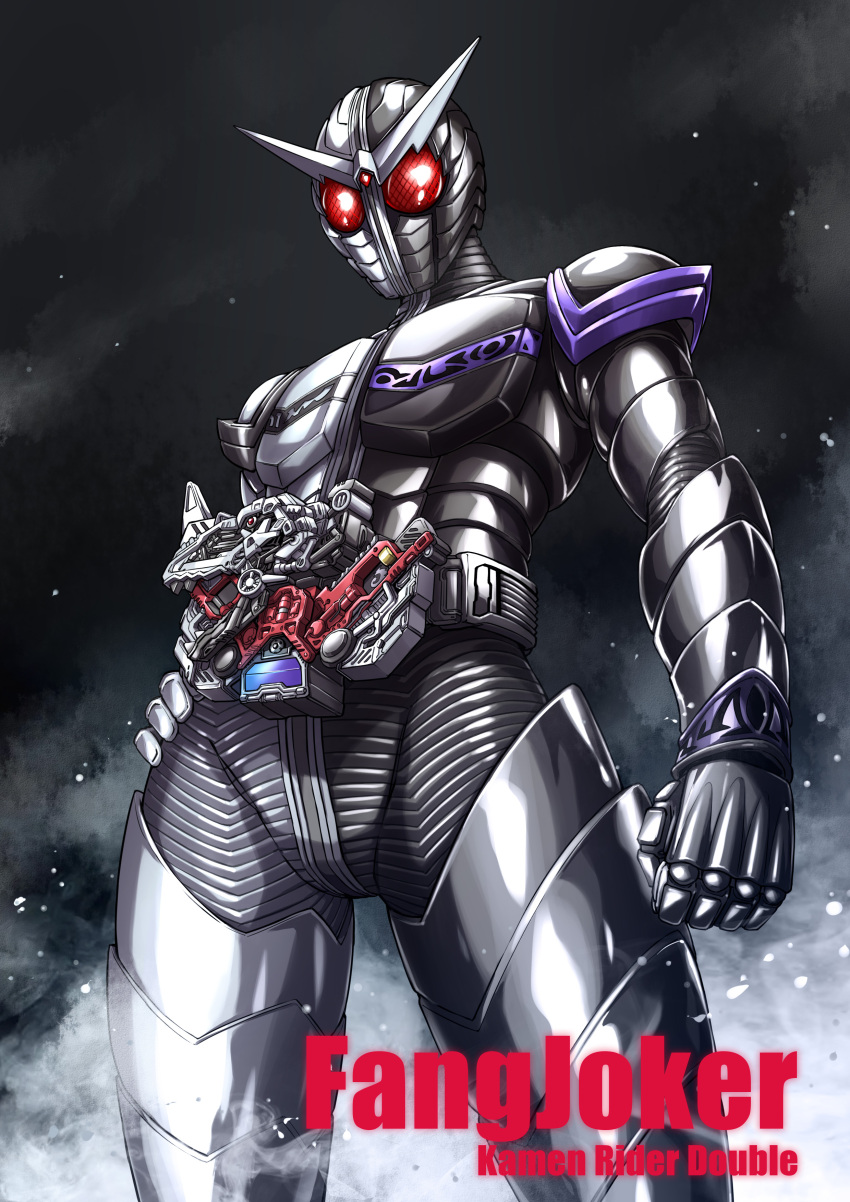 1boy, absurdres, armor, black_armor, character_name, double_driver, driver_(kamen_rider), english_text