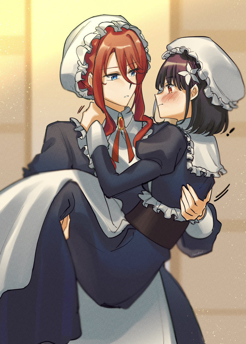 !, 2girls, apron, black_dress, black_hair, blue_eyes, blurry, blurry_background