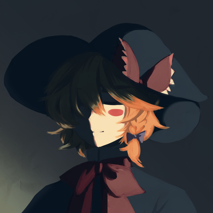 1girl, album_cover_redraw, black_bow, black_capelet, black_headwear, blonde_hair, blush_stickers, bow, bowtie, braid, capelet, closed_eyes, closed_mouth, commentary_request, cookie_(touhou), derivative_work, hair_between_eyes, hair_bow, hat, hat_bow, highres, kirisame_marisa, kyuusai_no_gihou, long_bangs, lsnsn, meguru_(cookie), red_bow, red_bowtie, short_hair, side_braid, single_braid, solo, touhou, upper_body, witch_hat