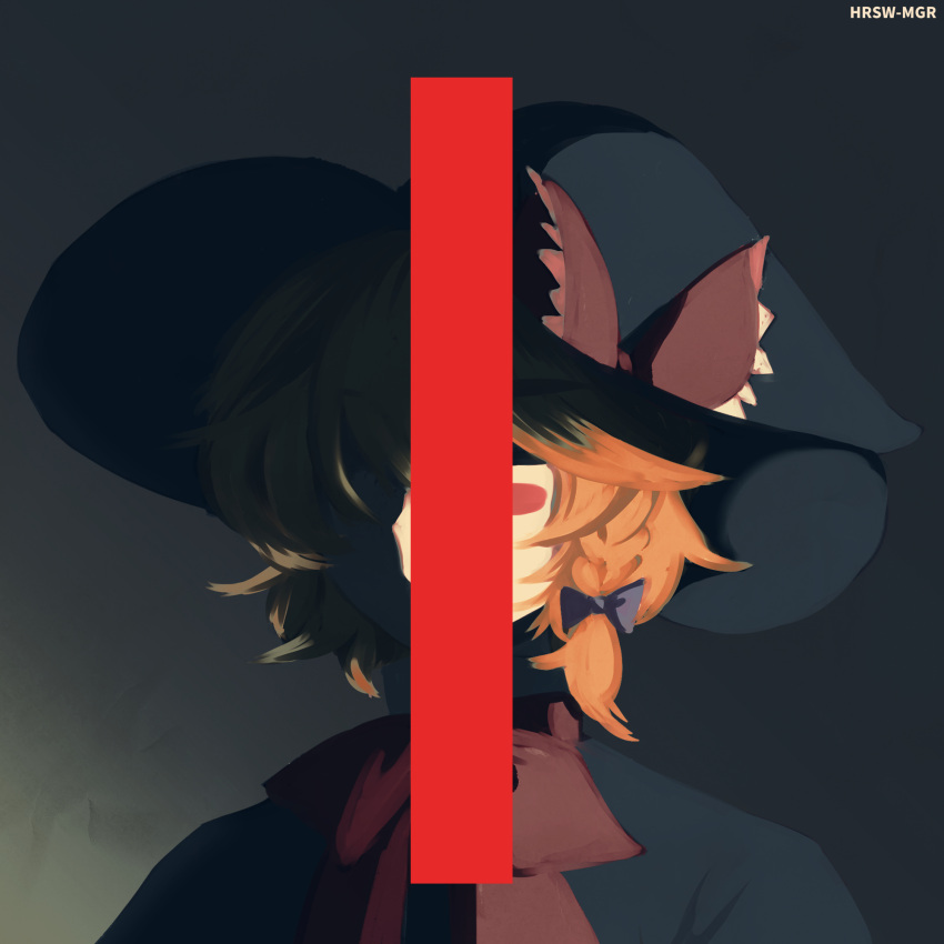 1girl, album_cover_redraw, black_bow, black_capelet, black_headwear, blonde_hair, blush_stickers, bow