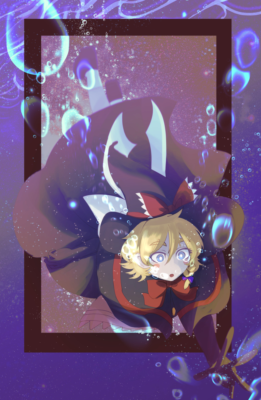 1girl, absurdres, black_capelet, black_dress, black_headwear, blonde_hair, blue_eyes, blush_stickers