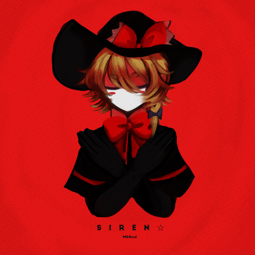 1girl, album_cover_redraw, black_bow, black_capelet, black_gloves, black_headwear, blonde_hair, blush_stickers