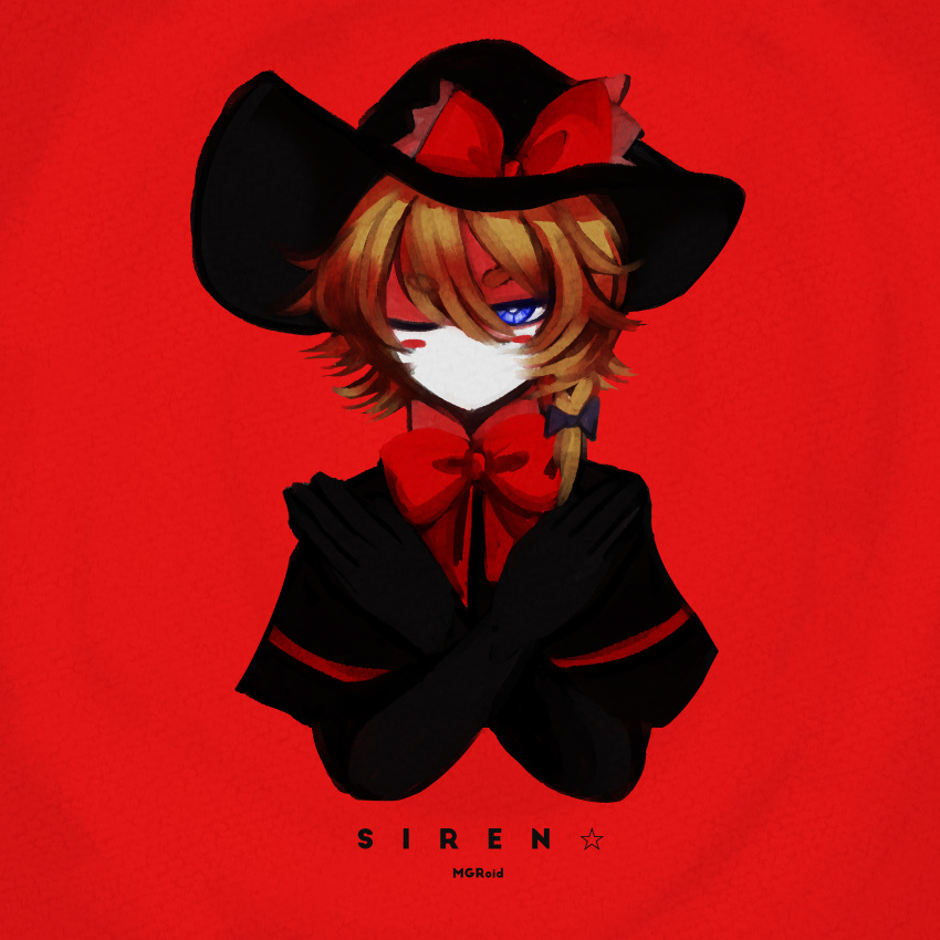 1girl, album_cover_redraw, black_bow, black_capelet, black_gloves, black_headwear, blonde_hair, blue_eyes