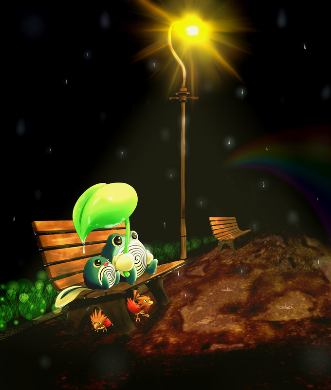 keckle, lamppost, leaf_umbrella, night, no_humans, pokemon, pokemon_(creature), pokemon_(game)