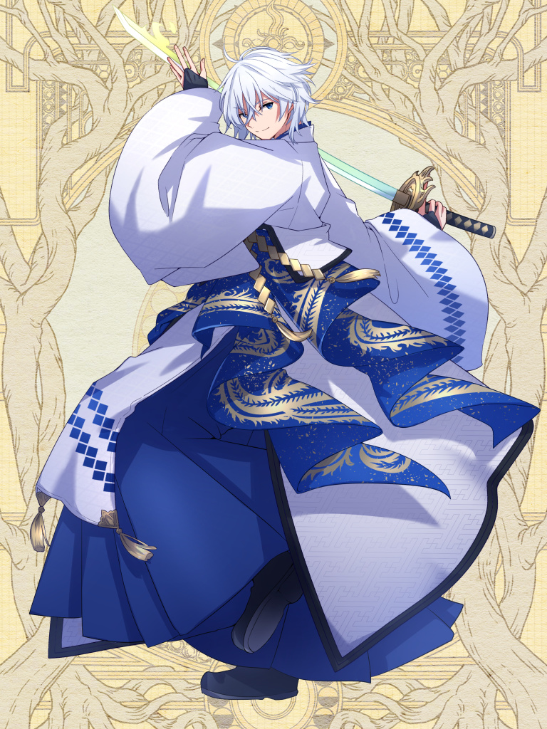 1boy, black_footwear, blue_eyes, blue_kimono, dairoku_ryouhei, full_body, hair_between_eyes, holding