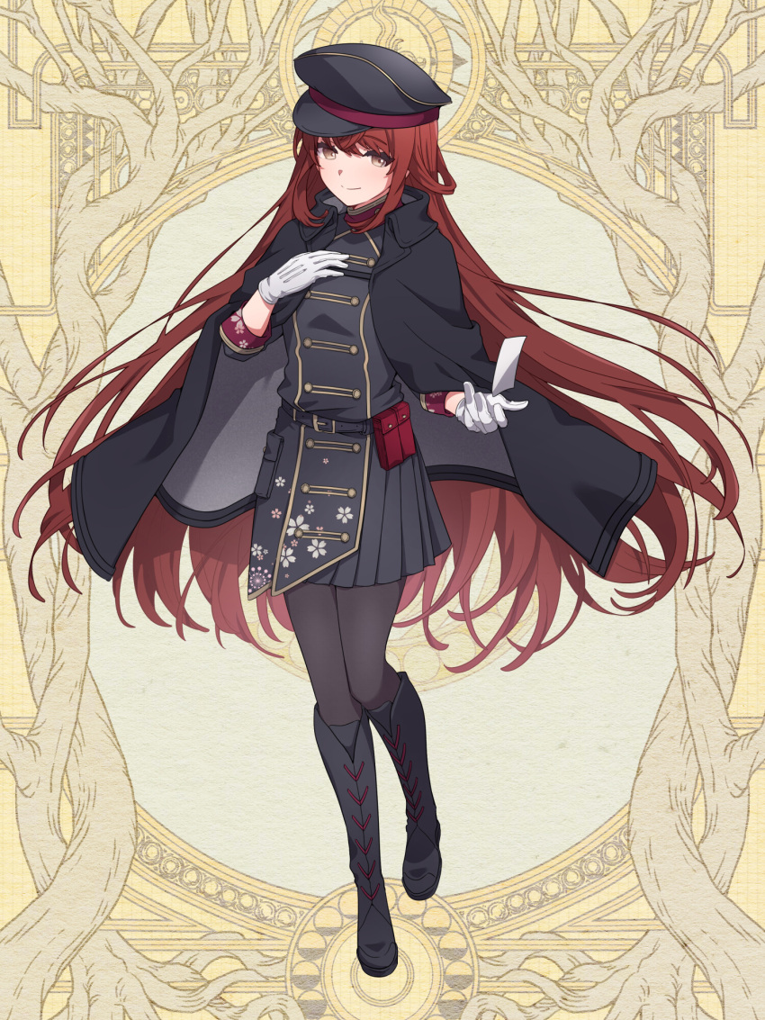 1girl, belt, black_cape, black_footwear, black_headwear, black_pantyhose, black_skirt, boots, brown_eyes, cape, dairoku_ryouhei, erika_hongujima, full_body, gloves, hand_up, highres, knee_boots, light_smile, long_hair, looking_at_viewer, pantyhose, pleated_skirt, pouch, redhead, skirt, solo, sowa_(tw6), standing, very_long_hair, white_gloves, yellow_background