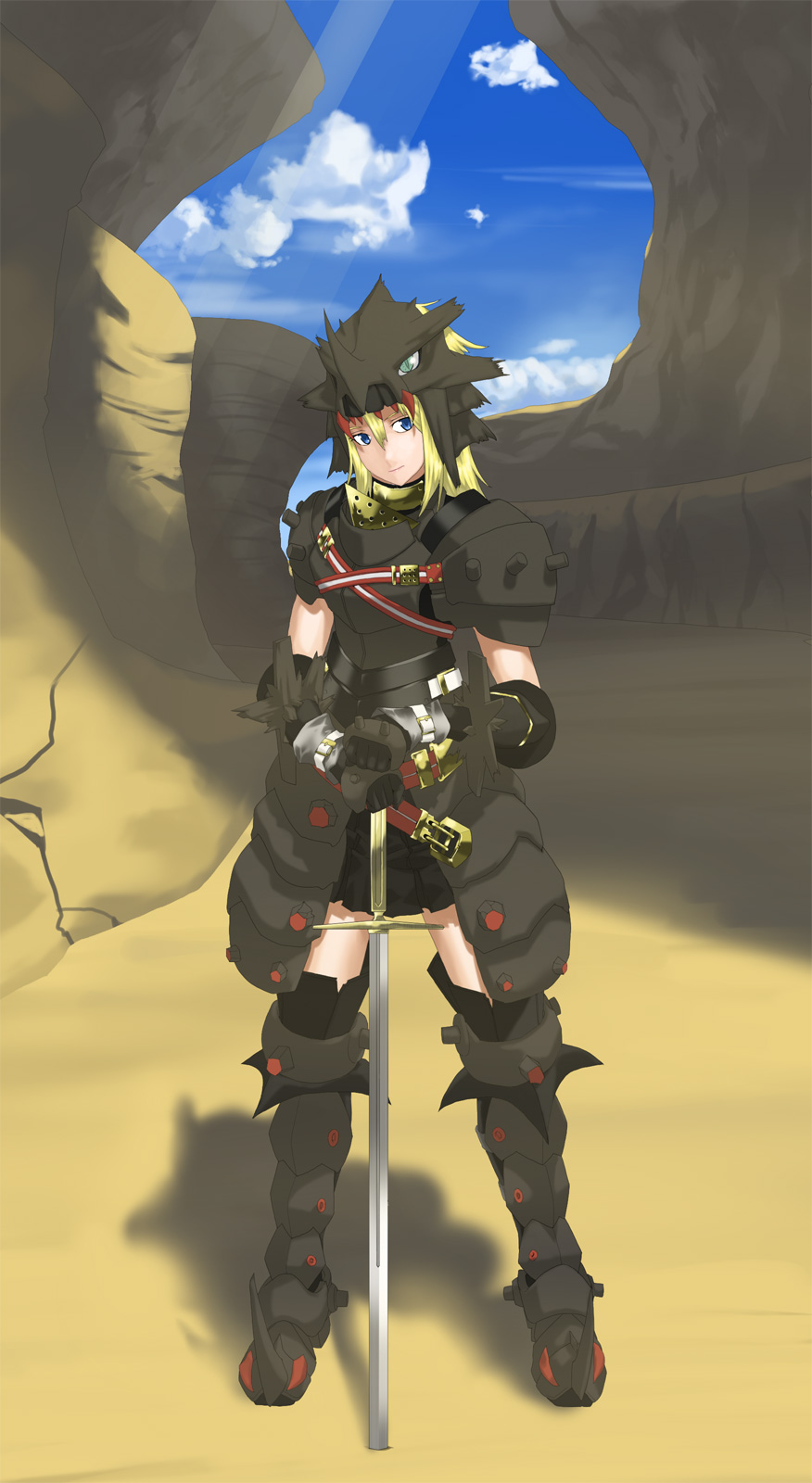 1girl, armor, armored_boots, black_skirt, blonde_hair, blue_eyes, blue_sky, boots