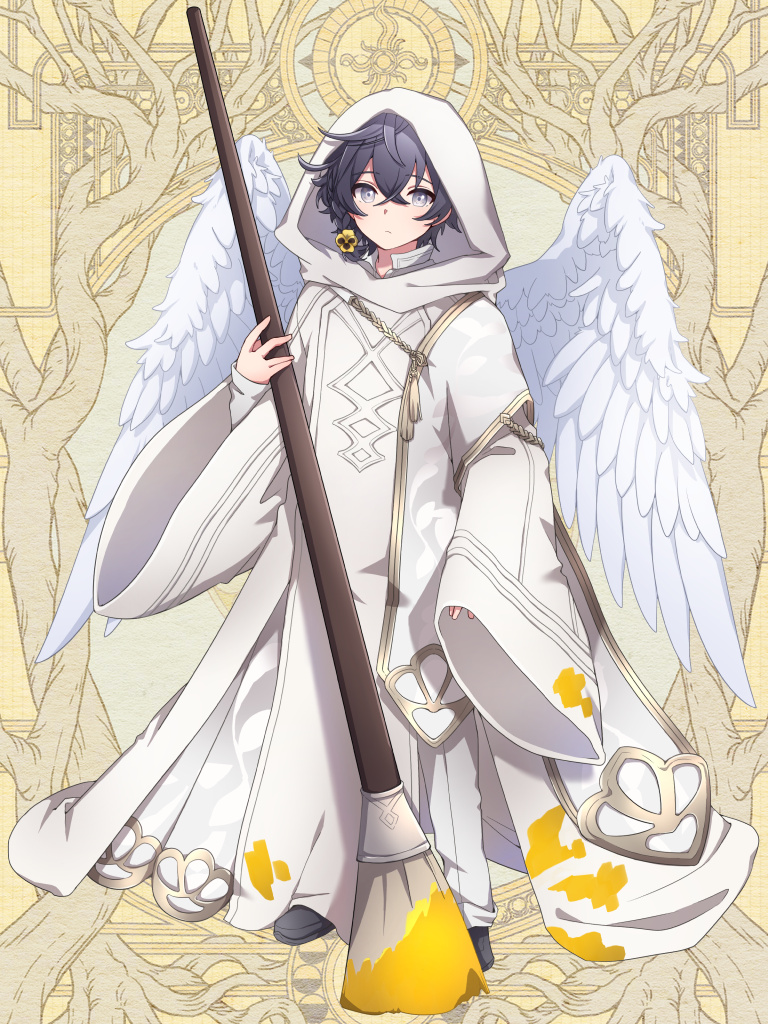 1boy, angel_wings, black_footwear, black_hair, braid, dairoku_ryouhei, feathered_wings, full_body, grey_eyes, hair_between_eyes, hair_ornament, hooded_robe, multicolored_hair, oversized_object, paintbrush, robe, robin_vaise, solo, sowa_(tw6), standing, streaked_hair, white_robe, white_wings, wide_sleeves, wings, yellow_background