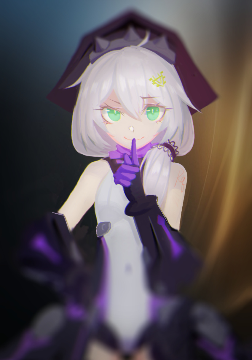 1girl, ahoge, alternate_eye_color, armored_leotard, bare_shoulders, black_gloves, blurry, blurry_foreground