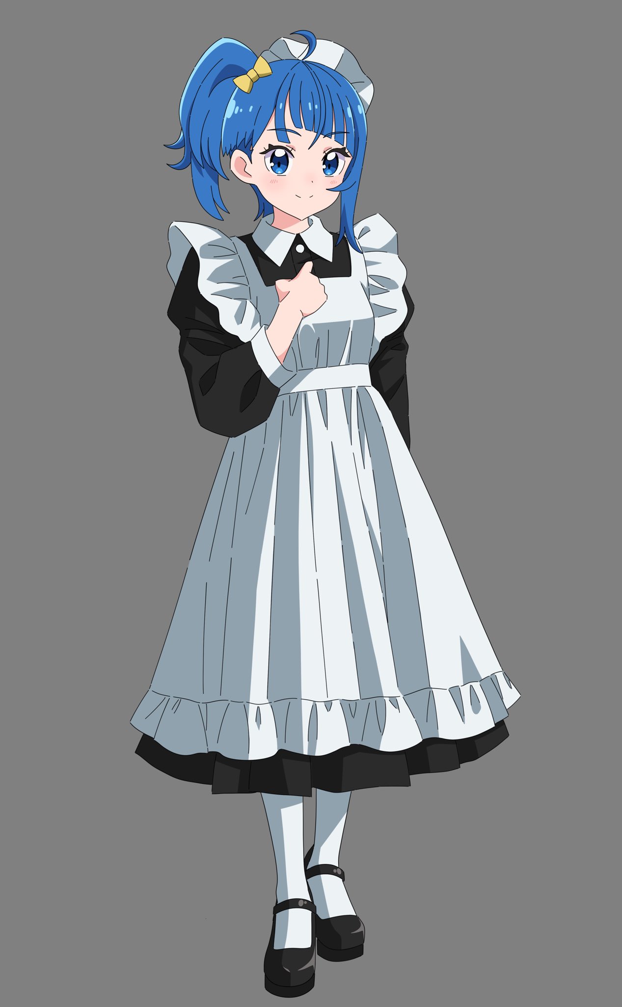 1girl, ahoge, alternate_costume, apron, black_dress, black_footwear, blue_eyes, blue_hair