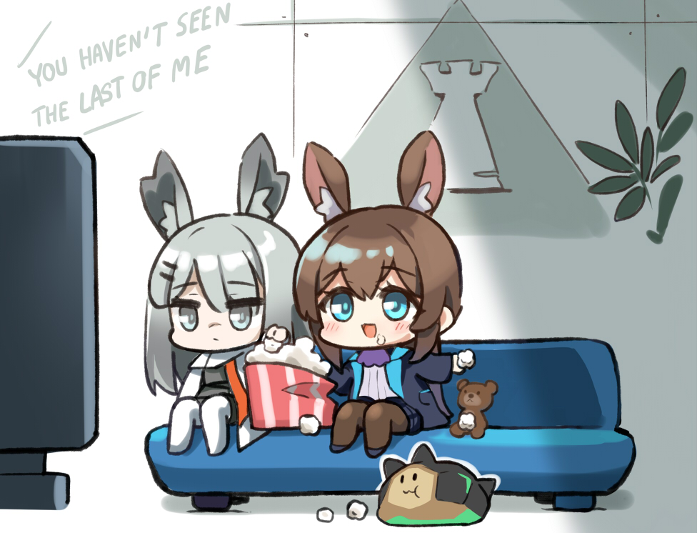 2girls, amiya_(arknights), animal_ears, arknights, blue_eyes, brown_hair, chibi, couch