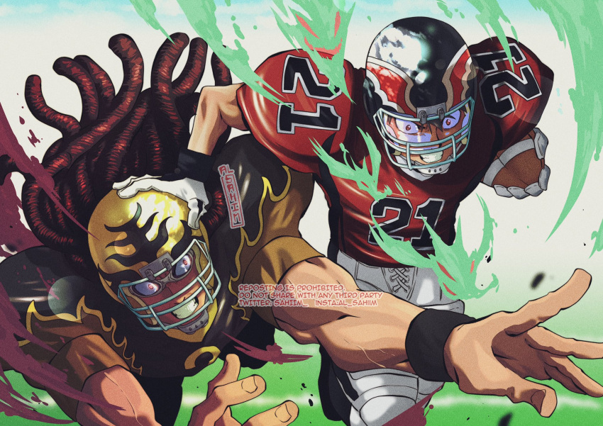 2boys, al_sahim, american_football, american_football_(object), ball, black_hair, black_wristband, brown_hair, character_request, clenched_teeth, dreadlocks, eyeshield_21, hair_between_eyes, helmet, highres, long_hair, multiple_boys, muscular, muscular_male, outstretched_arm, playing_sports, pushing_away, running, short_hair, short_sleeves, teeth, veins, veiny_arms