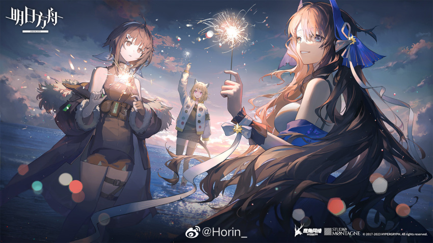 animal_ears, arknights, bare_shoulders, black_hair, blonde_hair, blue_eyes, breasts, dress