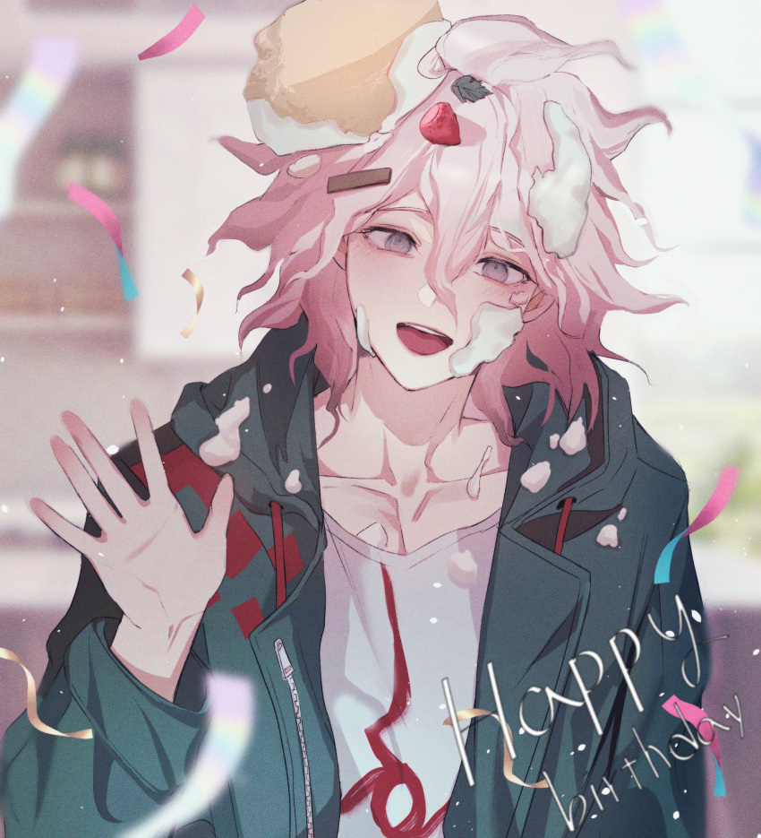1boy, :d, blurry, blurry_background, cake, collarbone, danganronpa_(series), danganronpa_2:_goodbye_despair