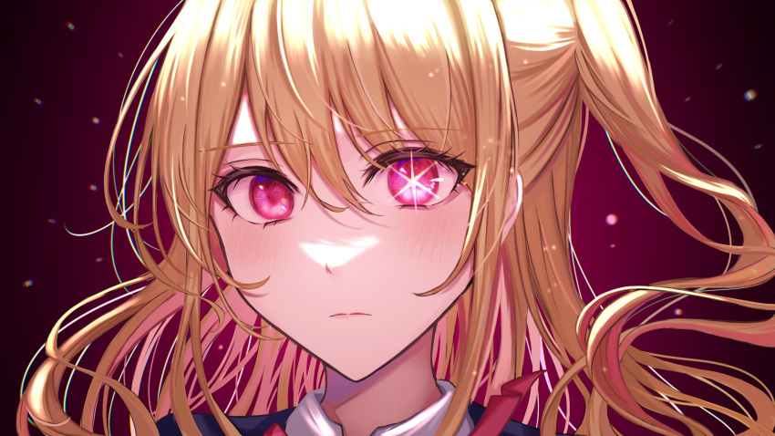 1girl, blonde_hair, blue_jacket, blush, chromatic_aberration, closed_mouth, collared_shirt, commentary