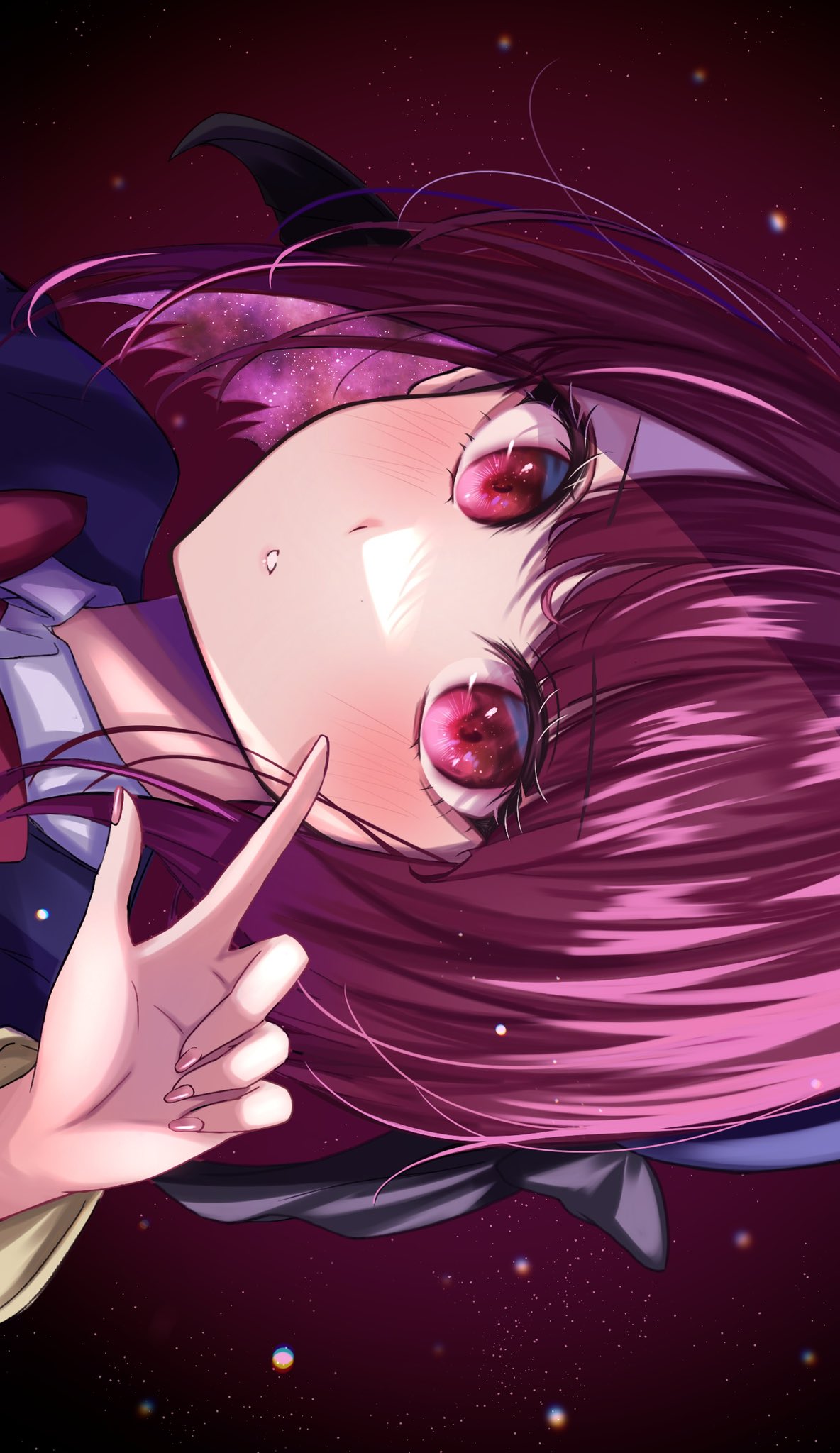 1girl, arima_kana, blue_headwear, blue_jacket, blush, chromatic_aberration, collared_shirt, commentary_request