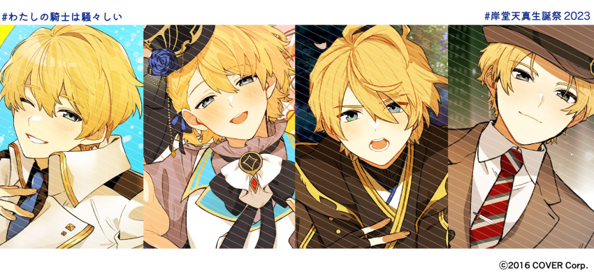 4boys, :d, beckoning, black_bow, black_bowtie, black_gloves, black_headwear, black_jacket