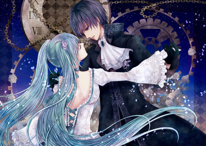 1boy, 1girl, aqua_hair, ascot, backless_dress, backless_outfit, black_coat, black_gloves