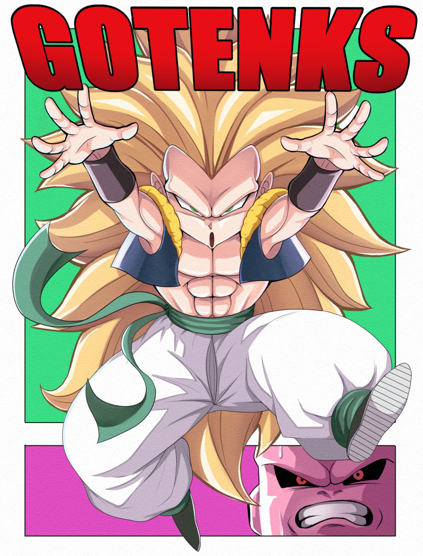 2boys, abs, act_(act_1113), arms_up, baggy_pants, black_sclera, blonde_hair, boots, border, bracer, character_name, clenched_teeth, colored_sclera, colored_skin, commentary_request, dragon_ball, dragon_ball_z, full_body, gotenks, green_background, green_eyes, green_footwear, green_sash, highres, long_hair, looking_at_viewer, majin_buu, male_focus, metamoran_vest, multiple_boys, muscular, muscular_male, no_eyebrows, open_clothes, open_mouth, open_vest, outside_border, pants, pink_background, pink_skin, red_eyes, sash, simple_background, spiky_hair, super_buu, super_saiyan, super_saiyan_3, teeth, v-shaped_eyebrows, vest, white_border, white_pants