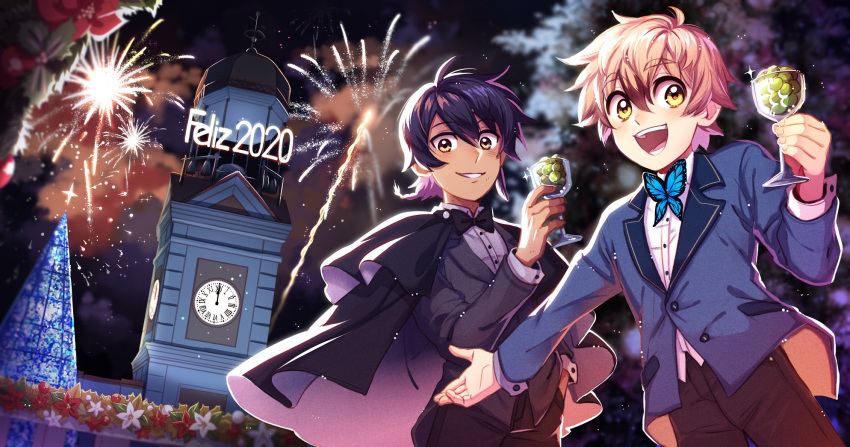 2020, 2boys, black_bow, black_hair, blonde_hair, bow, brown_eyes, butterfly_bowtie