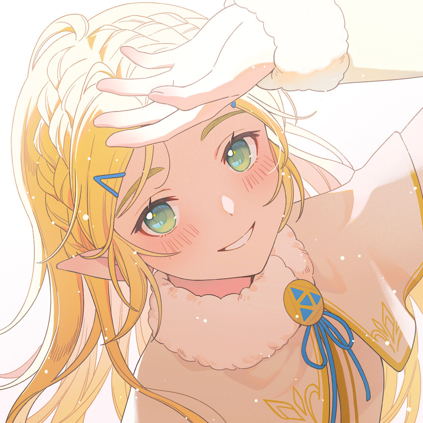1girl, arm_up, blush, braid, fur_collar, green_eyes, green_ribbon, grin
