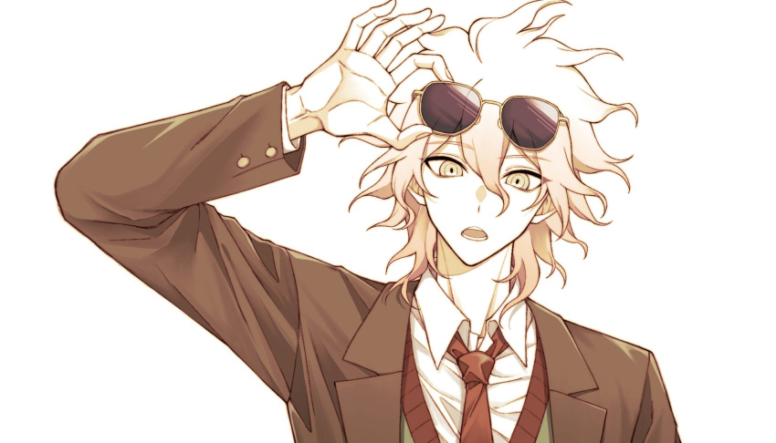 1boy, amera_(irisqr3), brown_eyes, brown_jacket, collared_shirt, d:, danganronpa_(series), danganronpa_3_(anime), eyewear_on_head, grey_hair, hair_between_eyes, highres, hope's_peak_academy_school_uniform, jacket, komaeda_nagito, long_sleeves, male_focus, messy_hair, necktie, open_clothes, open_jacket, open_mouth, portrait, red_necktie, school_uniform, shirt, simple_background, solo, sunglasses, white_background, white_shirt