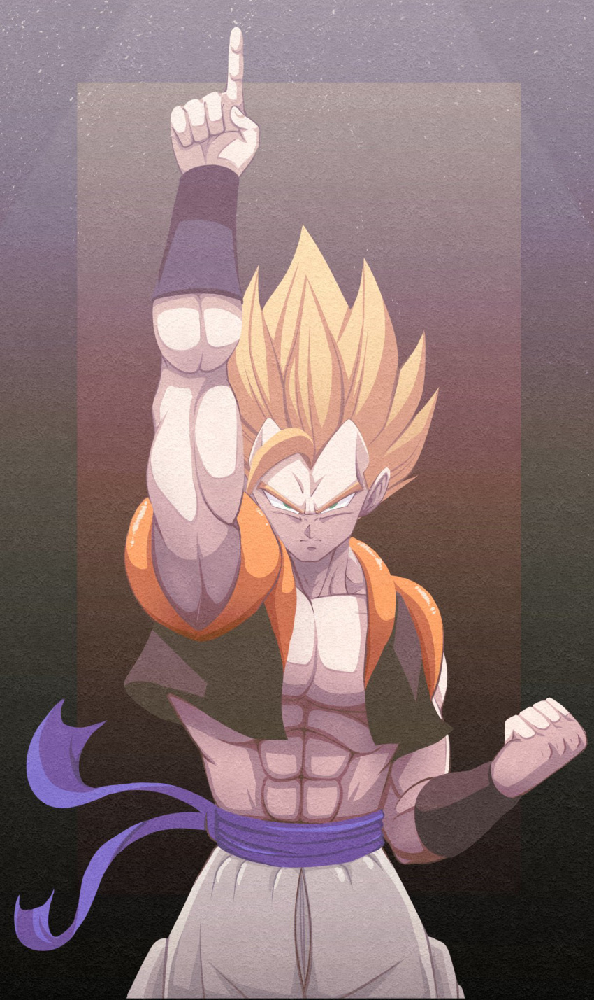 1boy, abs, act_(act_1113), arm_up, baggy_pants, biceps, blonde_hair, blue_sash