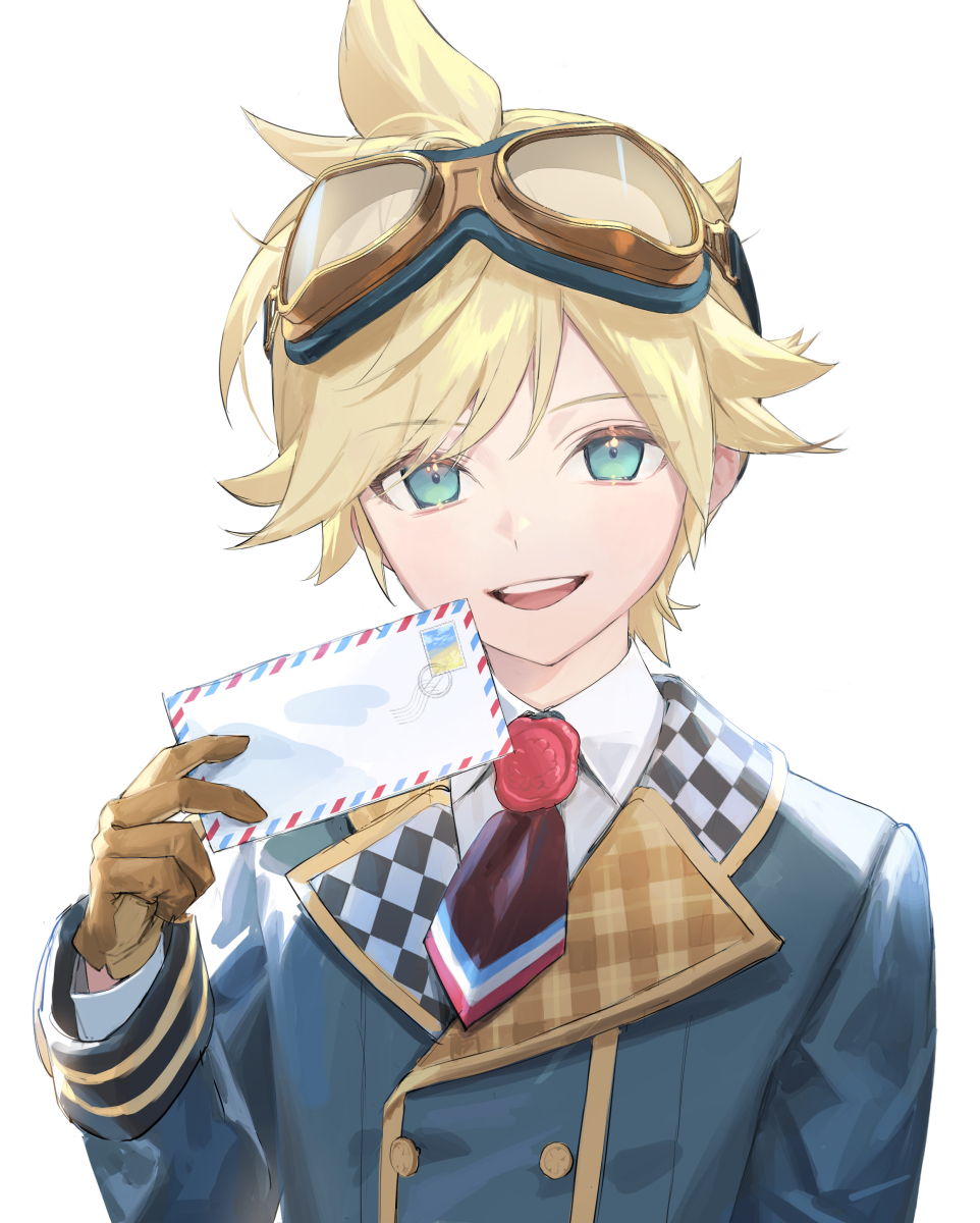 1boy, blonde_hair, brown_gloves, buttons, collared_shirt, commentary_request, gloves, goggles, goggles_on_head, green_eyes, happy_lovely_everyday!_(project_sekai), highres, kagamine_len, lapels, long_sleeves, male_focus, more_more_jump!_(project_sekai), more_more_jump!_len, naoko_(naonocoto), official_alternate_costume, open_mouth, project_sekai, shirt, short_hair, simple_background, solo, teeth, upper_body, upper_teeth_only, vocaloid, white_background