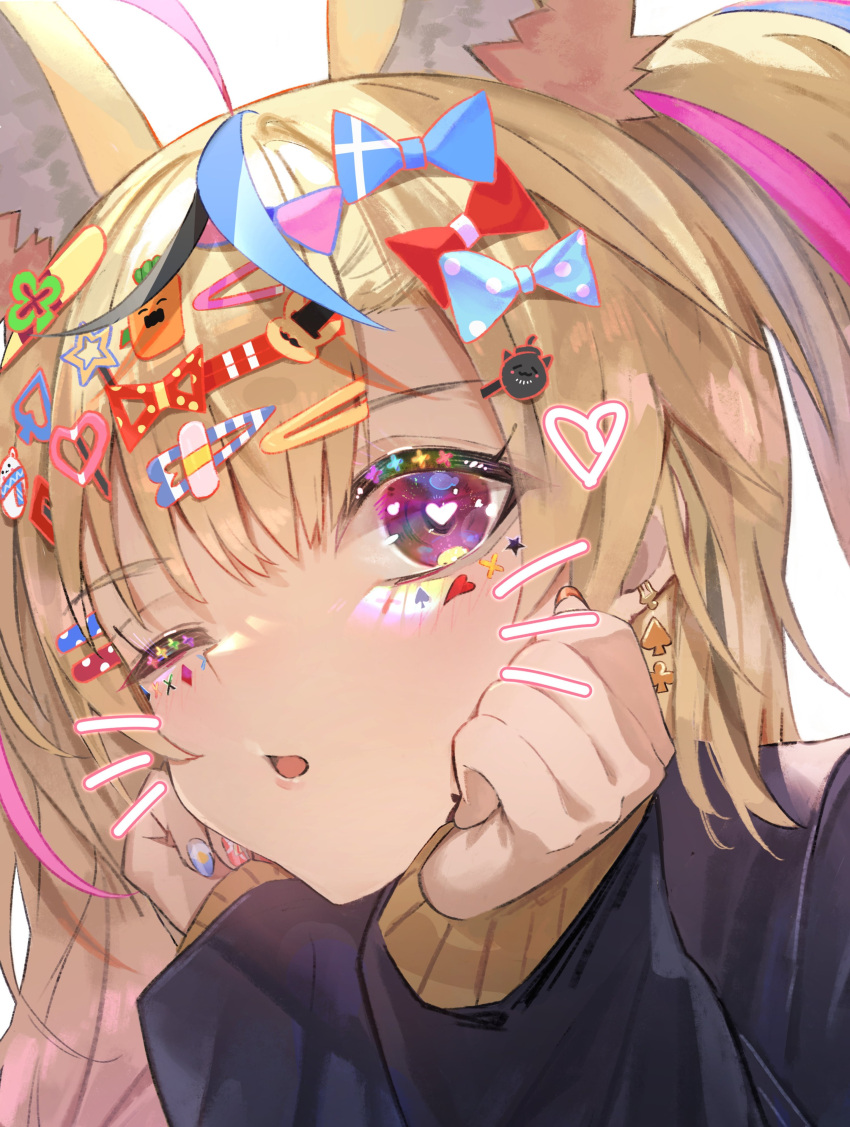 1girl, absurdres, animal_ear_fluff, animal_ears, black_hair, black_jacket, blonde_hair, blue_hair, blue_nails, bow, commentary, drawn_whiskers, earrings, facial_mark, fox_ears, fox_girl, hair_bow, hair_ornament, hairpin, hands_on_own_cheeks, hands_on_own_face, hands_up, heart, heart-shaped_pupils, highres, hololive, jacket, jewelry, kouhiipan, light_blush, long_sleeves, looking_at_viewer, medium_hair, multicolored_hair, multicolored_nails, multiple_hair_bows, multiple_hairpins, nail_art, nail_polish, official_alternate_costume, official_alternate_hairstyle, omaru_polka, omaru_polka_(4th_costume), one_eye_closed, parted_lips, pink_hair, pink_nails, purikura, school_uniform, simple_background, solo, streaked_hair, symbol-shaped_pupils, upper_body, violet_eyes, virtual_youtuber, white_background